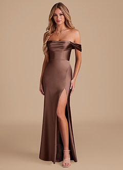 Azazie Saige Bridesmaid Dresses Espresso A-Line Off the Shoulder Metallic Satin Convertible Dress image1