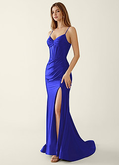 Indigo Royal Blue Satin V-neck Sequins Mermaid Prom Dress image5