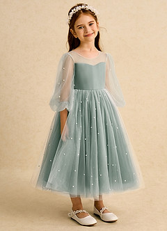 Azazie Trudy Blumenmädchenkleider Ballkleid Herzausschnitt Tüll Kleid Eukalyptus image1