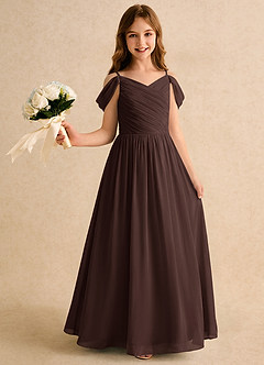 Azazie Chelo Girls Formal Robe Demoiselle D'honneur Fillette Robe Trapèze en Mousseline de soie Plissée Ganache image1