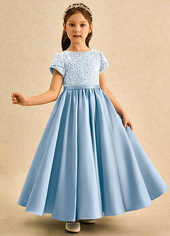 Azazie Cashew Blumenmädchenkleider Ballkleid mit ärmel Matte Satin Kleid Puderblau image4