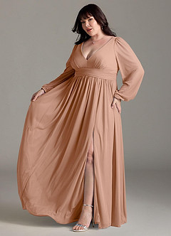 Azazie Norah Brautjungfernkleider A-Linie Lange Ärmel mit V-Ausschnitt Chiffon Kleid Champagner Rosa image10