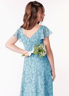 Azazie Omari Junior Blue Fern Floral A-Line Ruched Chiffon Dress image3