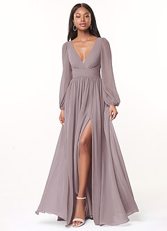 Azazie Norah Bridesmaid Dresses Dusk A-Line V-Neck Long Sleeve Chiffon Dress image1