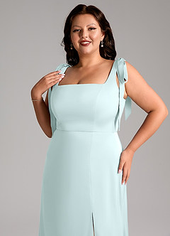 Azazie Frostine Bridesmaid Dresses Sea Glass A-Line Bow Stretch Satin Dress image12