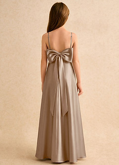 Azazie Joella Girls Formal Flower Girl Dresses Taupe A-Line Pleated Stretch Satin Dress image1