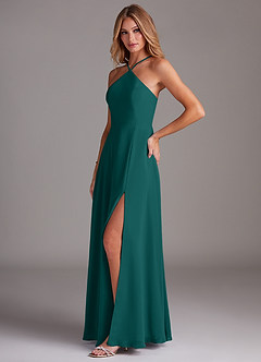 Azazie Bailey Bridesmaid Dresses Peacock A-Line Halter Side Slit Chiffon Dress image3
