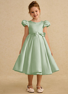 Azazie Pearl Flower Girl Dresses Dusty Sage Ball-Gown Pleated Matte Satin Dress image5