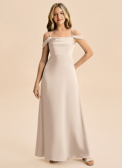 Azazie Lettie Junior A-Linie Schulterfrei Stretch-Satin Kleid Alabaster Weiß image4