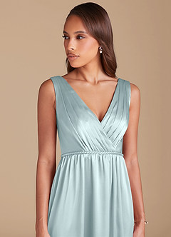 Azazie Tanicia Bridesmaid Dresses Mist A-Line Pleated Metallic Satin Dress image2