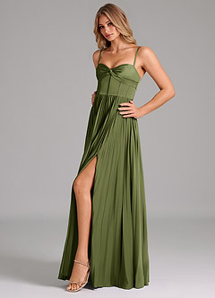 Azazie Akiko Bridesmaid Dresses Olive A-Line Sweetheart Neckline Stretch Satin Dress image6