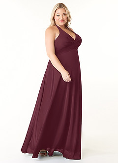 Azazie Tessie Vestidos de damas de honor Vestido de Cabernet de Gasa de Corte en A con Cuello en V plisado image8