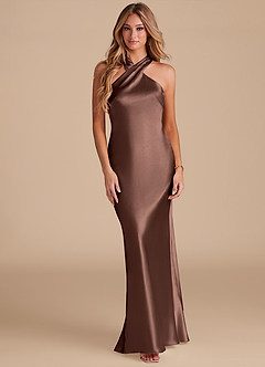 Azazie Doretta Bridesmaid Dresses Espresso Mermaid Bow Metallic Satin Dress image3