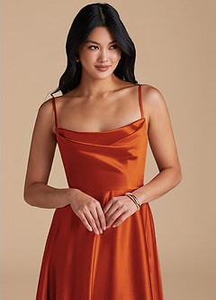 Azazie Elle Bridesmaid Dresses Paprika A-Line with Pockets Metallic Satin Dress image3