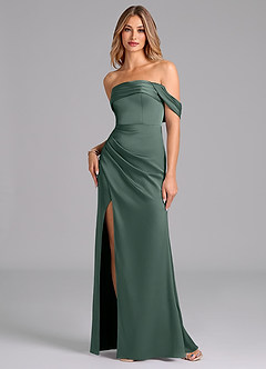 Azazie Lisbeth Robes de demoiselle d'honneur Robe Sirène Convertible en Satin extensible Épaule décolletée Mousse De Mer image1