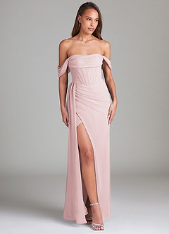 Azazie Amyra Bridesmaid Dresses Blushing Pink Sheath Off the Shoulder Chiffon Convertible Dress image3