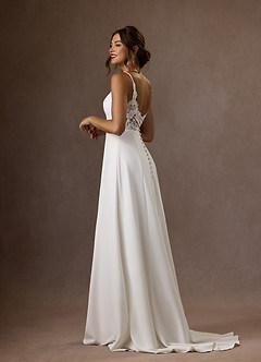 Azazie Xena Vestidos de novia Vestido de Blanco Diamante Arena de Crepé elástico de Corte en A con Lentejuelas cuello pico image3