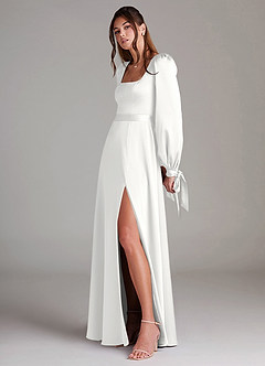 Azazie Leonia Abiti da Damigella Abito A-Line in Raso Elasticizzato Manica Lunga Bianco image5