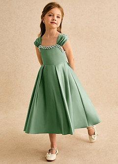 Azazie Yosemite Flower Girl Dresses Matcha Ball-Gown Sweetheart Neckline Matte Satin Dress image6