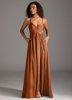 Azazie Alia Bridesmaid Dresses Copper A-Line Pleated Stretch Satin Dress image7