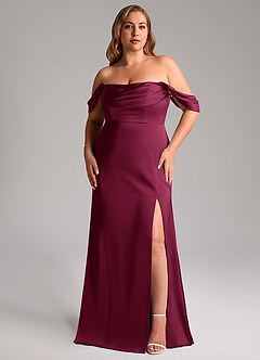 Azazie Saige Bridesmaid Dresses Burgundy Sheath Off the Shoulder Stretch Satin Dress image16