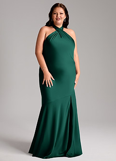 Azazie Lorena Bridesmaid Dresses Emerald Mermaid Pleated Stretch Satin Dress image9