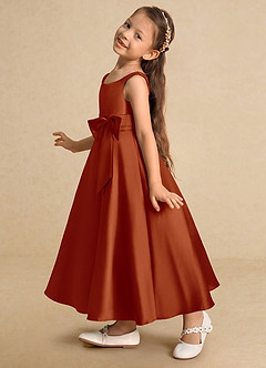 Azazie Lindy Flower Girl Dresses Paprika A-Line Pleated Matte Satin Dress image8