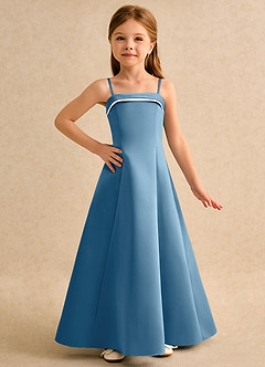 Azazie Izel Girls Formal Flower Girl Dresses Ivory Steel Blue A-Line Pleated Matte Satin Dress image5