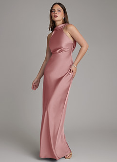 Azazie Dimitra Robes de demoiselle d'honneur Robe Trapèze en Satin extensible Plissée Rose Poussiéreuse image4