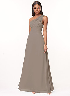 Azazie Ashley At-home Try On Dresses Taupe A-Line Ruched Chiffon Dress image1