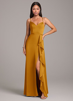 Azazie Naeem Robes de demoiselle d'honneur Robe Trapèze en Satin extensible Caramel écossais image4