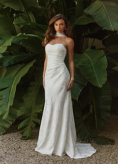 Azazie Keala Wedding Dresses Diamond White Sheath Strapless Floral Jacquard Dress image3