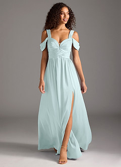 Azazie Lianne Bridesmaid Dresses Sea Glass A-Line Off the Shoulder Stretch Satin Dress image2