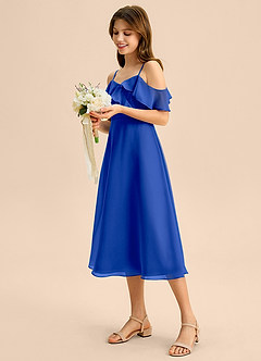 Azazie Kamilla Junior Abito A-Line in Chiffon a Spalla Scoperta Blu Reale image3