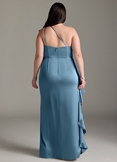 Azazie Latrice Bridesmaid Dresses Steel Blue Sheath One Shoulder Cascading Ruffles Stretch Satin Dress image7