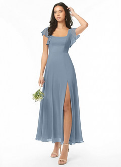 Azazie Bondi Bridesmaid Dresses Dusty Blue A-Line Ruched Chiffon Dress image1