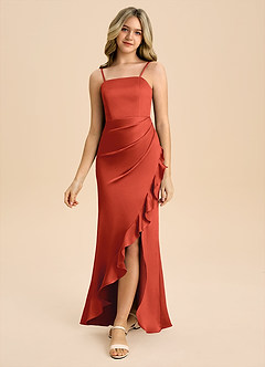 Azazie Buzzy Junior Rust Sheath Pleated Stretch Satin Dress image5