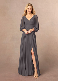 Azazie Zahara Mother of the Bride Dresses Steel Grey A-Line V-Neck Pleated Chiffon Dress image2