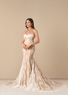 Azazie Katherine Wedding Dresses Diamond White Caramel Mermaid Off the Shoulder Tulle Dress image6