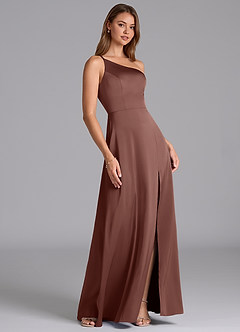 Azazie Trina Bridesmaid Dresses Espresso A-Line One Shoulder Stretch Satin Dress image4