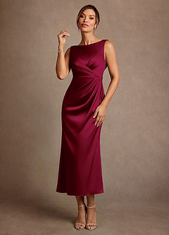 Azazie Mazhe 신부의 어머니 드레스 A라인 주름진 스트레치 새틴 티 길이 드레스 image1