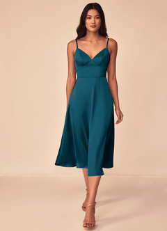Azazie Dottie Brautjungfernkleider A-Linie Stretch-Satin Kleid Tintenblau image1