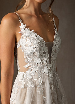 Azazie Monda Hochzeitskleider A-Linie Spitze Tüll Kleid Diamantweiß Nude image8