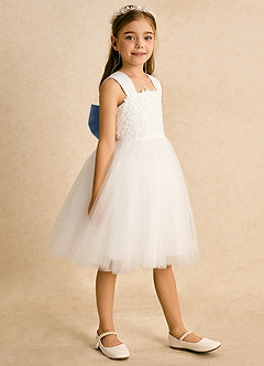 Azazie Dimple Abiti da Ragazza di Fiori Abito Principessa in Tulle Pizzo Avorio Blu Polvere image3