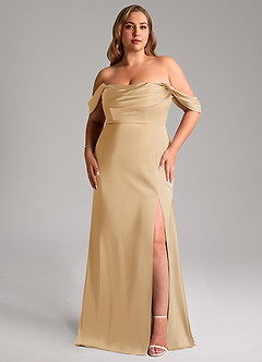Azazie Saige Jurken voor bruidsmeisjes Jurk van Stretch Satijn met Kolom Off the Shoulder Goud image11