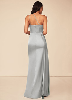 Azazie Maron Bridesmaid Dresses Silver A-Line One Shoulder Stretch Satin Dress image2