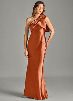 Azazie Yuanna Vestidos de damas de honor Vestido de Naranja Quemada de Satén Metálico de Corte Sirena con Hombro unilateral image4