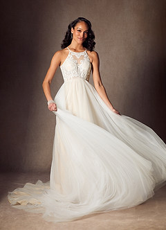 Azazie Odell Robes de mariée Robe Trapèze en Tulle Paillettes dos nu Diamant Blanc Champagne image6