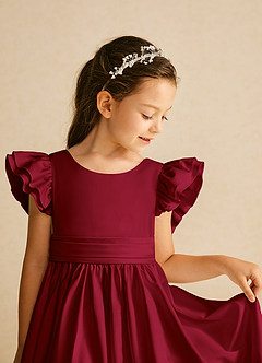 Azazie Piglette Flower Girl Dresses Burgundy A-Line Bow Matte Satin Dress image3