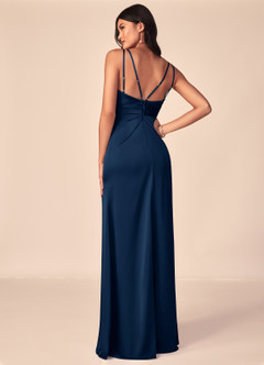 Azazie Aqua Bridesmaid Dresses Dark Navy A-Line V-Neck Pleated Stretch Satin Dress image2